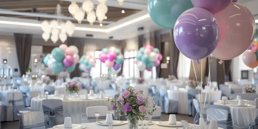 A beautifully decorated banquet hall featuring pastel balloon clusters and elegant floral centerpieces, turning every birthday into magic memories with event management in Iritty.