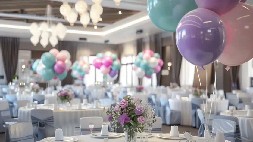 A beautifully decorated banquet hall featuring pastel balloon clusters and elegant floral centerpieces, turning every birthday into magic memories with event management in Iritty.