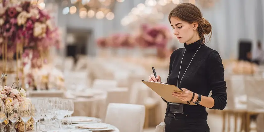 A professional event planner checking a clipboard at a luxury gala, showcasing the services of a top Event Management Company.