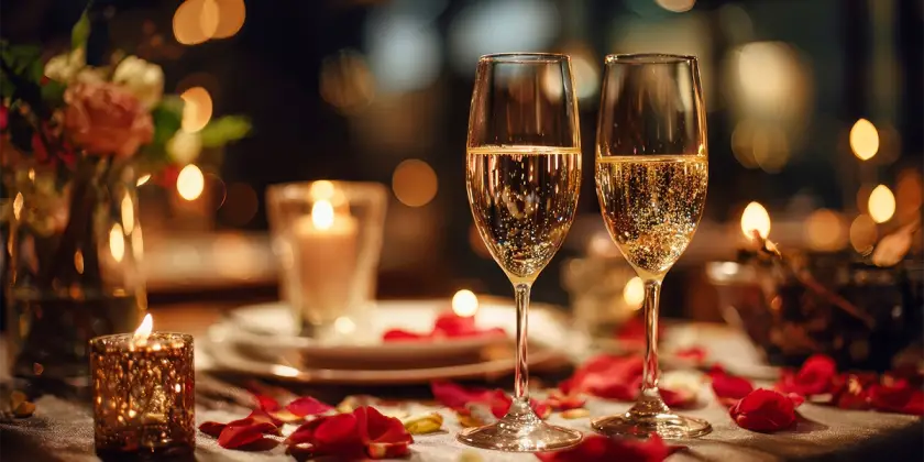A romantic candlelit dinner table featuring two champagne glasses, rose petals, and warm bokeh lighting, professionally arranged by a premier event management company in Iritty.