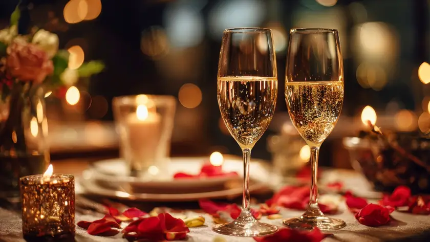A romantic candlelit dinner table featuring two champagne glasses, rose petals, and warm bokeh lighting, professionally arranged by a premier event management company in Iritty.