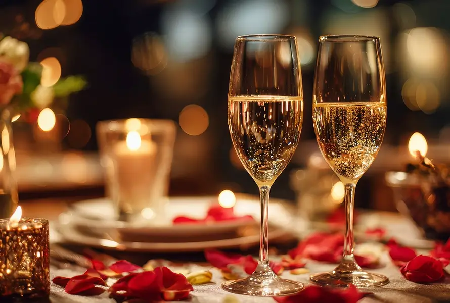 A romantic candlelit dinner table featuring two champagne glasses, rose petals, and warm bokeh lighting, professionally arranged by a premier event management company in Iritty.