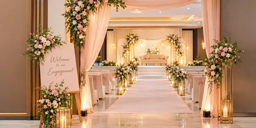 Engagement decoration ideas featuring a simple floral stage, ivory seating and sage green accents.