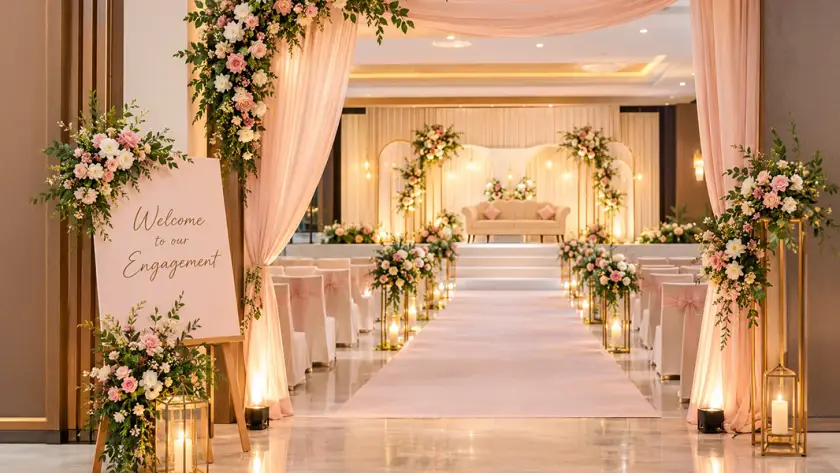 Engagement decoration ideas featuring a simple floral stage, ivory seating and sage green accents.
