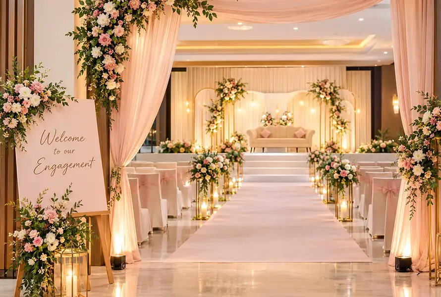 Engagement decoration ideas featuring a simple floral stage, ivory seating and sage green accents.