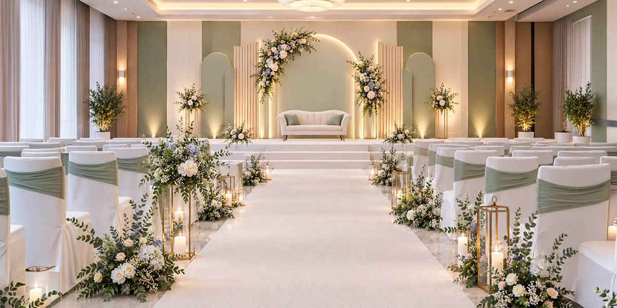 Elegant engagement decoration ideas with a sage green stage, white floral arrangements and soft lighting.